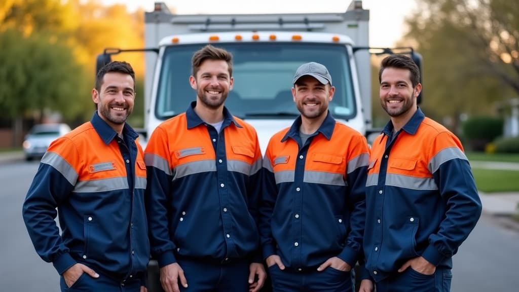 The WildExit team in navy and orange uniforms standing in front of their service truck