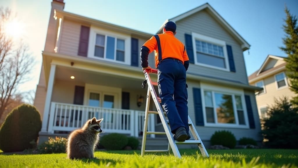 WildExit technician in a navy and orange uniform inspecting a suburban roofline for wildlife entry points