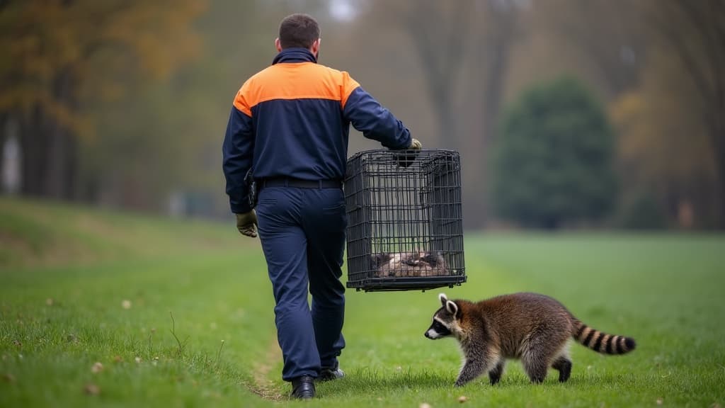 WildExit technician gently carrying a live trap with a raccoon toward a release site